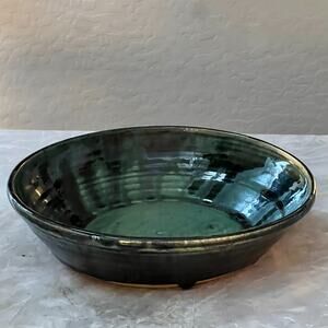 1995 Studio Art Pottery Bowl 11" Dark Green Glaze Drip Glossy Finish